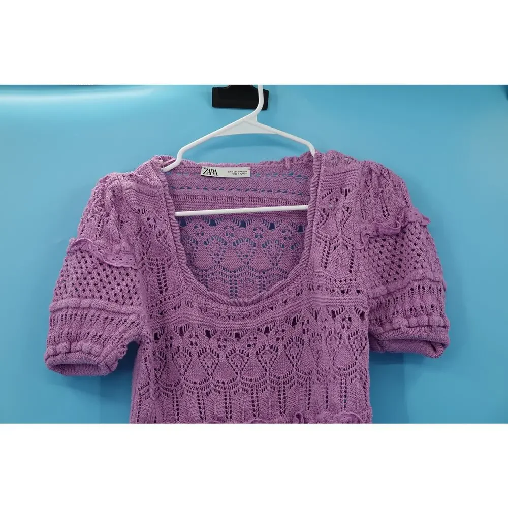 Zara Purple Knit Crochet Top Size Medium